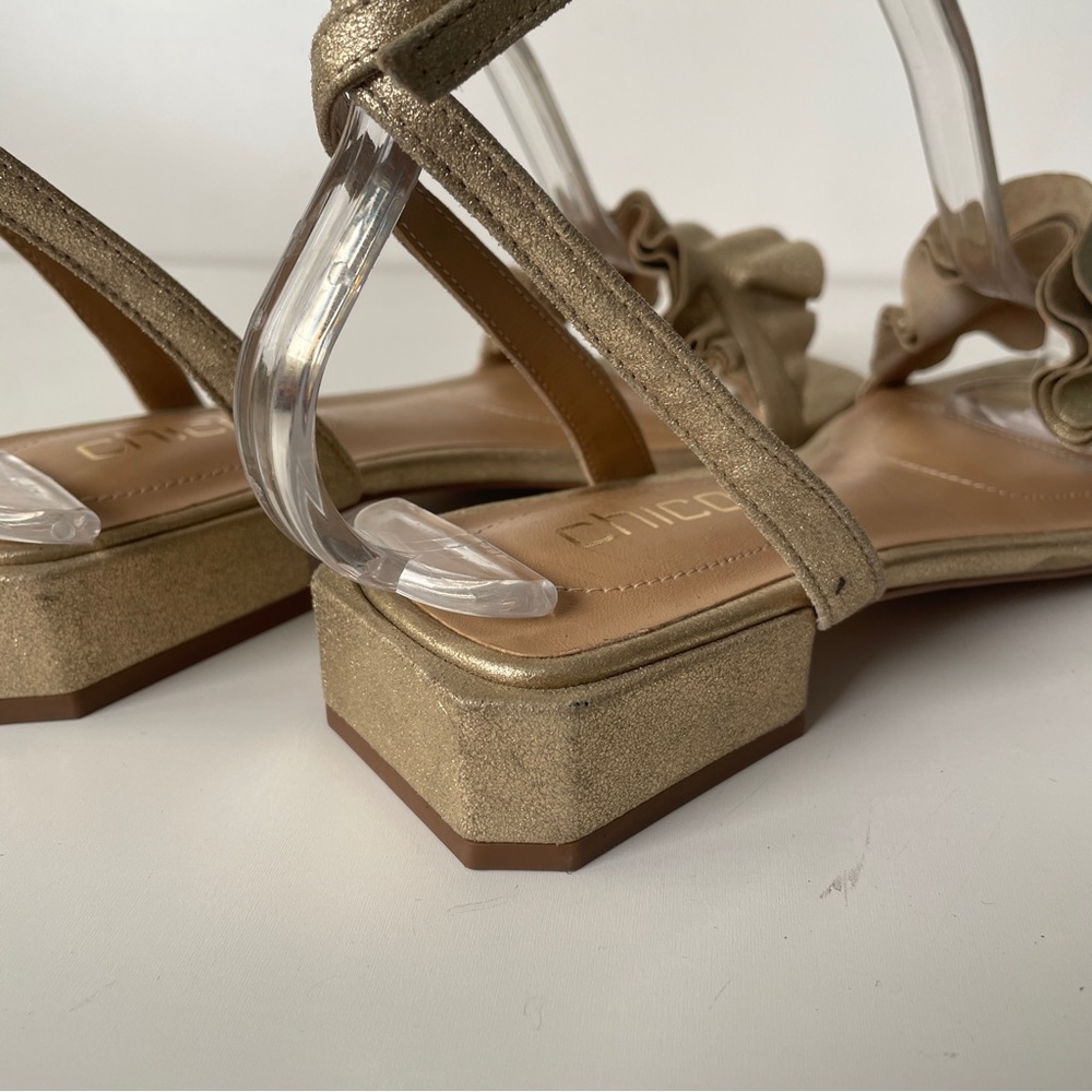 Chico's Strappy Ankle Wrap Metallic Gold Ruffle Sandals Sz 6 Block Heel Dressy - Picture 5 of 7